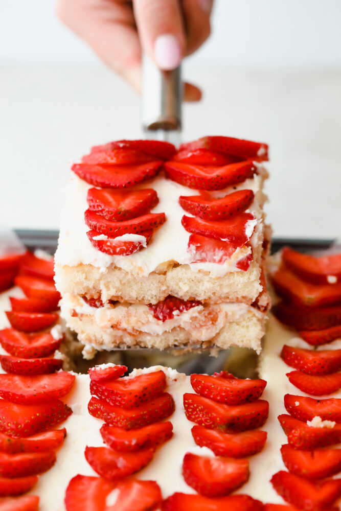 A slice taken out of the Strawberry Tiramisu pan.