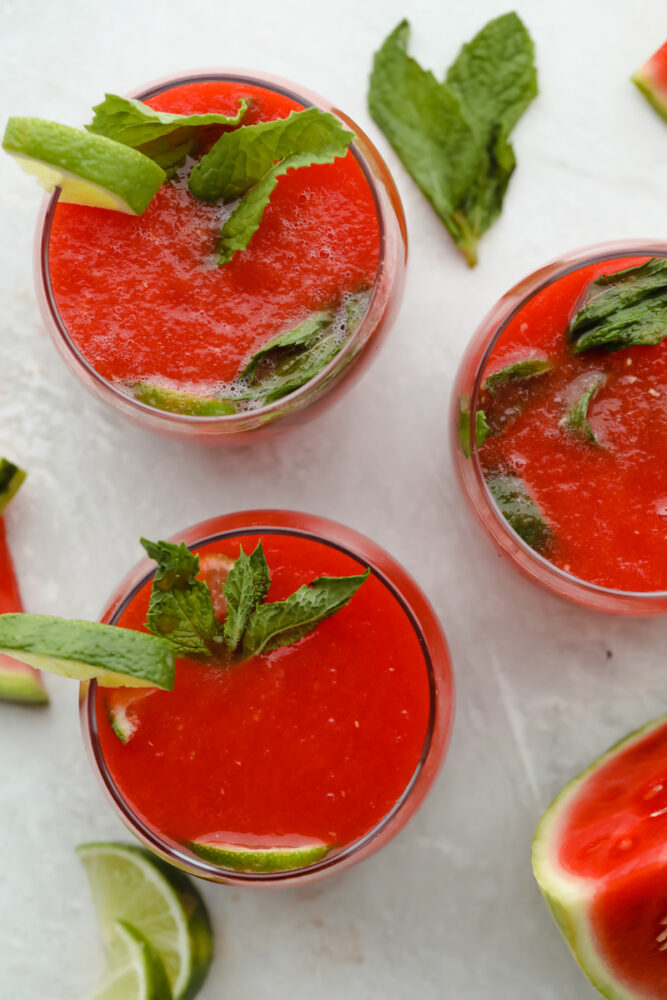 Watermelon agua fresca served in glasses with garnish