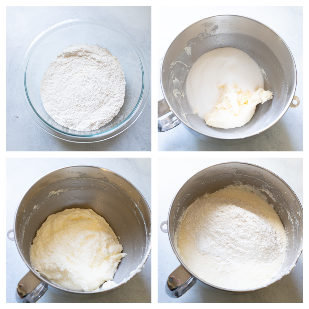 The process of making white cake in the mixer. 