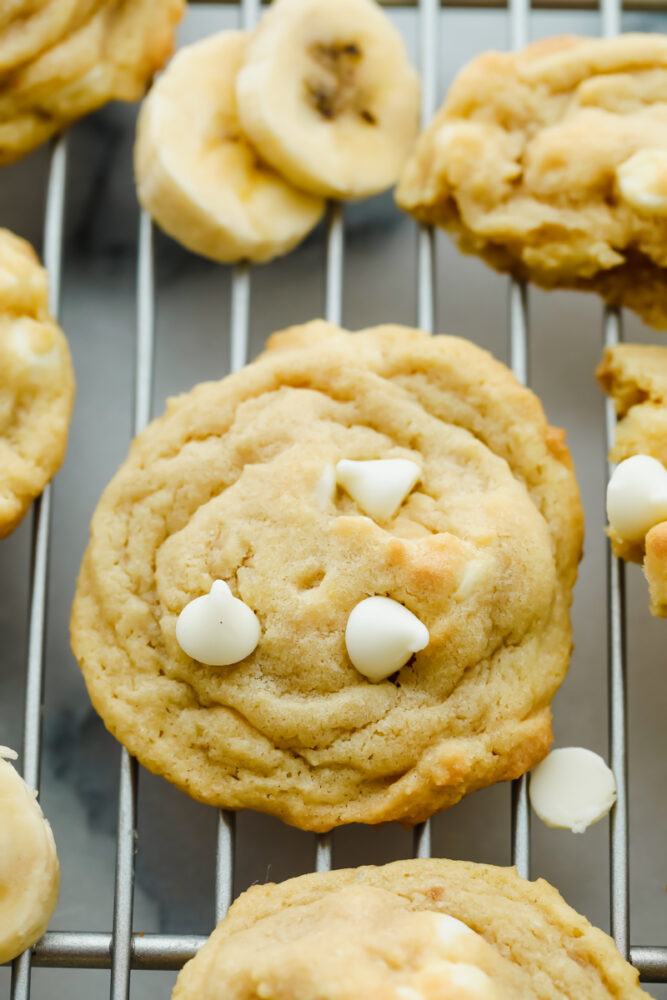 Banana cookies on a wire rack. 