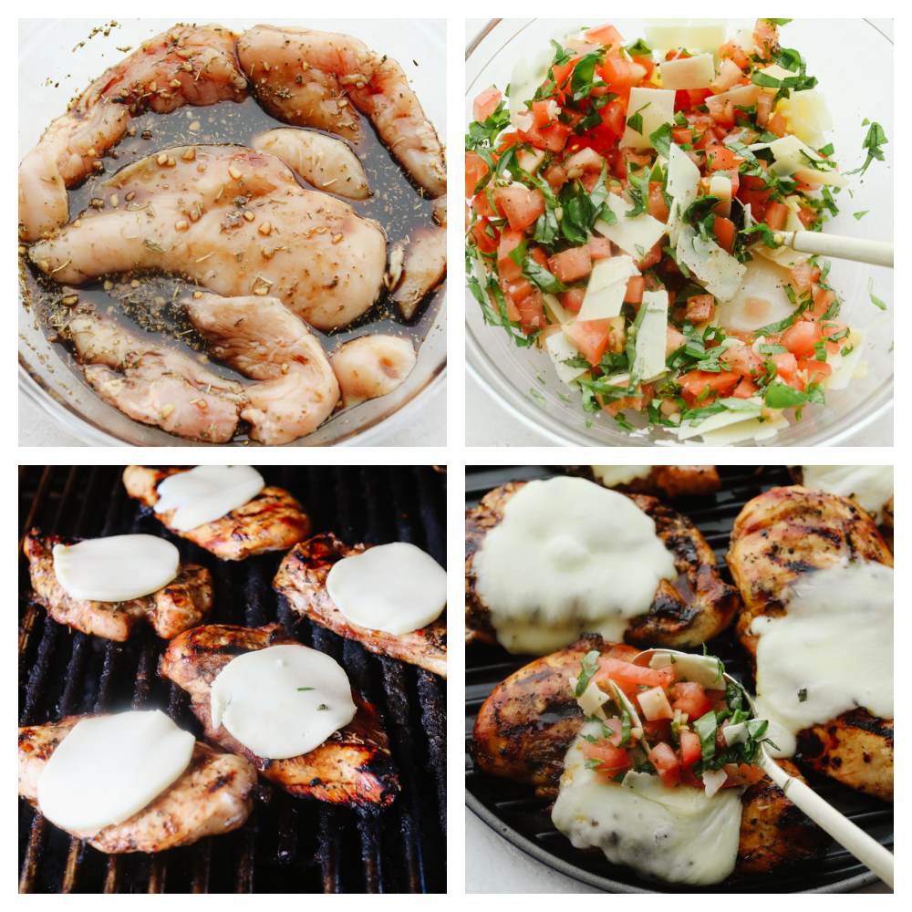 The process of making bruschetta chicken. 