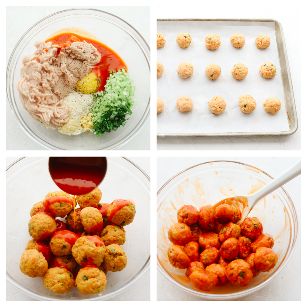 The process of making buffalo chicken meatballs. 