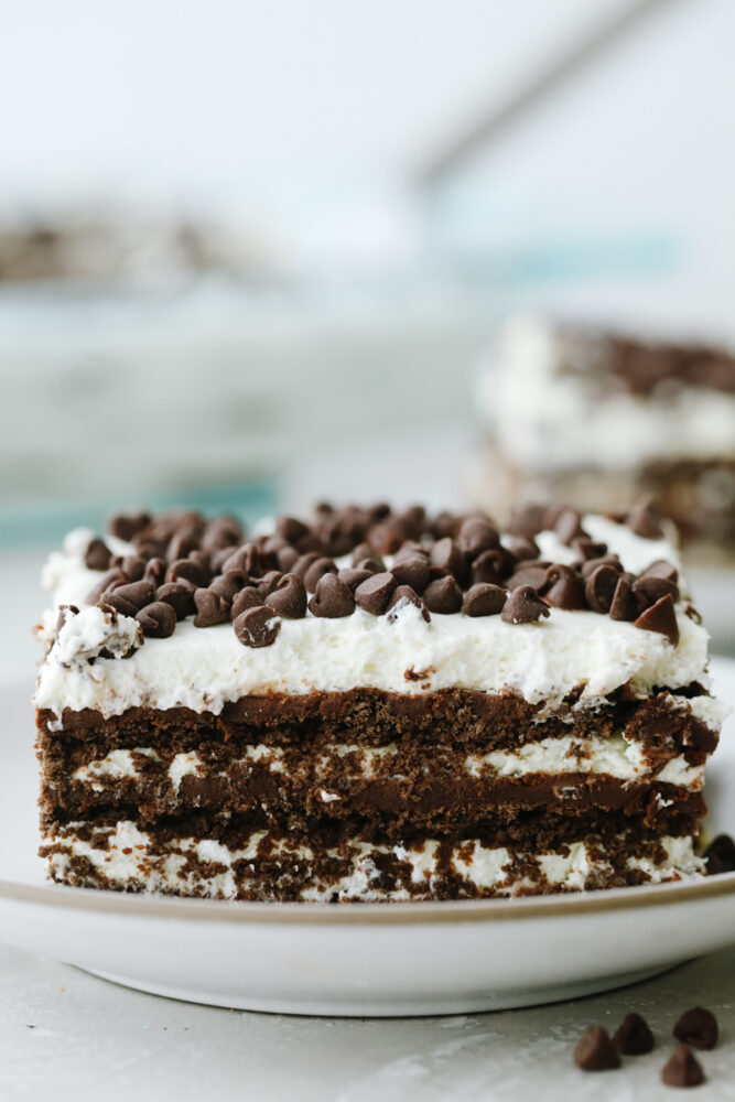 A slice of Chocolate Icebox cake on a plate. 