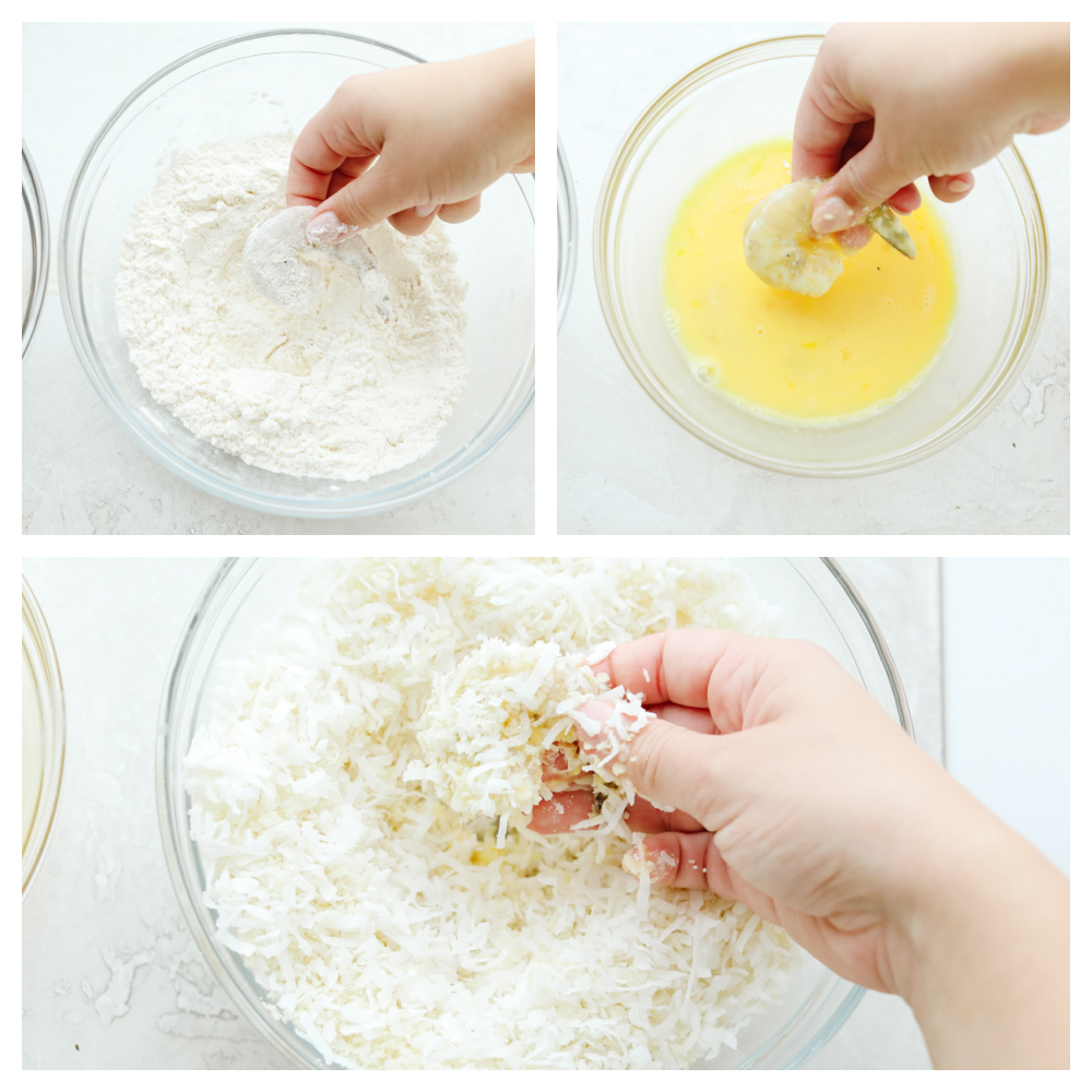 3 images showing the preparation process. dipping the shrimp in flour, then butter, then coating with breadcrumbs and coconut. 