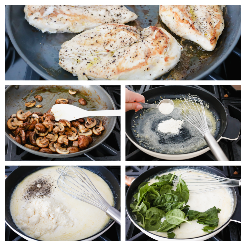 Sautéing the chicken, mushrooms, making the sauce and adding the spinach. 