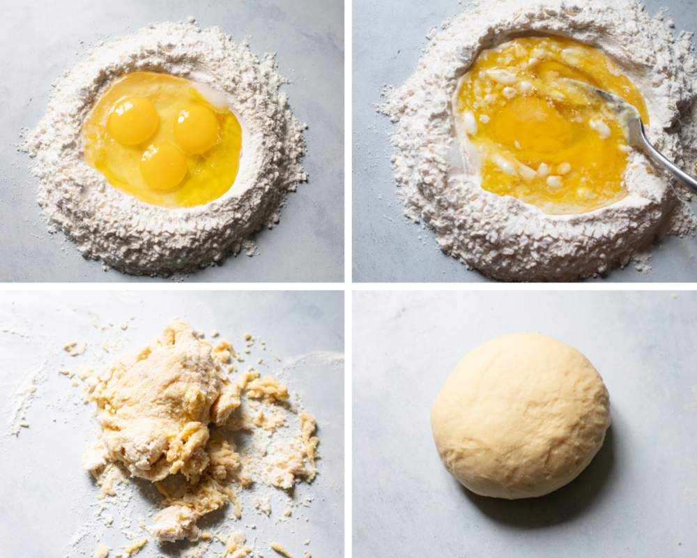 The flour in a nest, adding the eggs, and kneading the dough. 