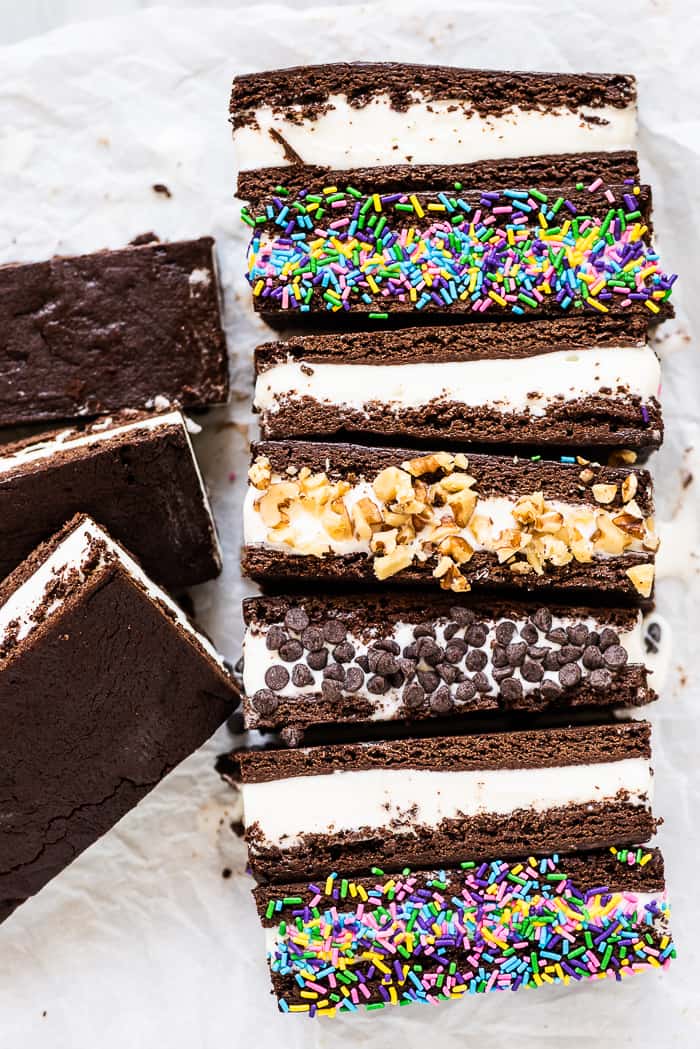 Ice cream sandwiches lined up in a row.