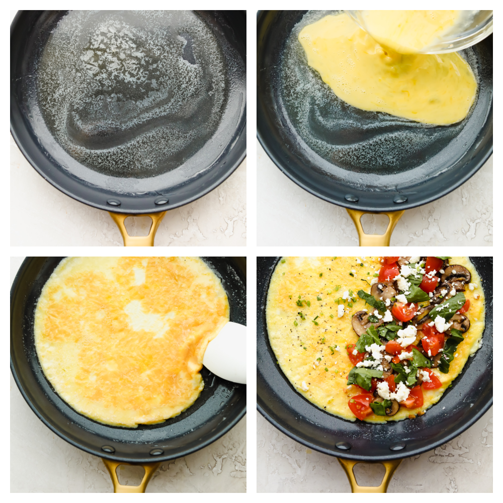 Four pictures of the cooking process of an omelet from start to finish. 