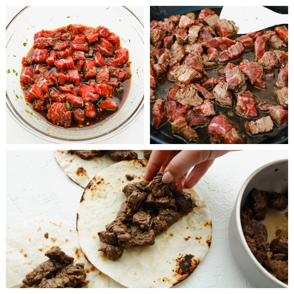 3 pictures showing steak marinating. 