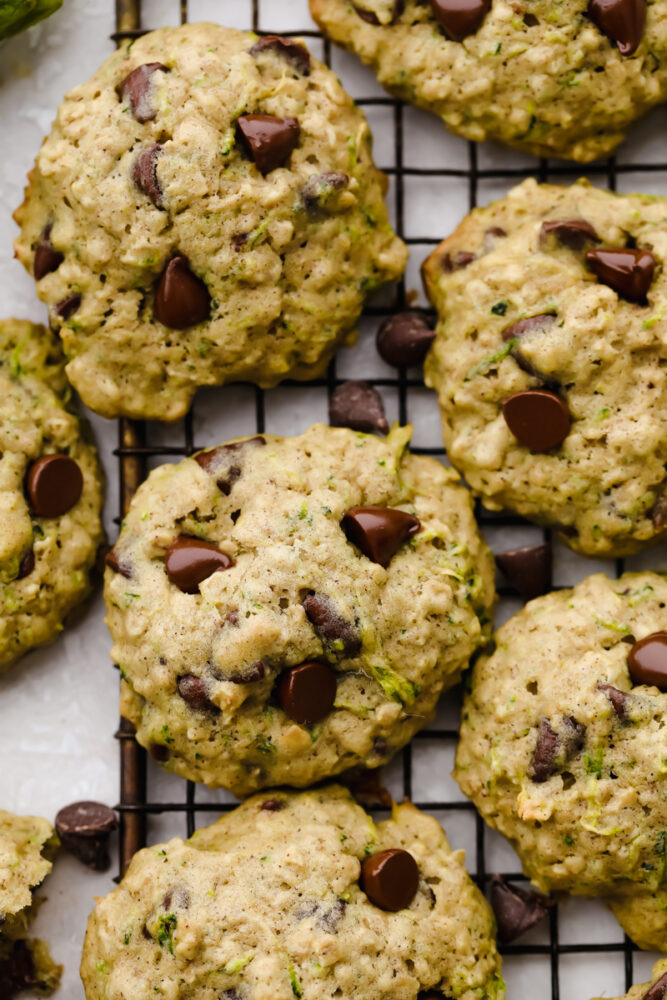 Zoomed in photo of a finished zucchini oat chocolate chip cookie. 