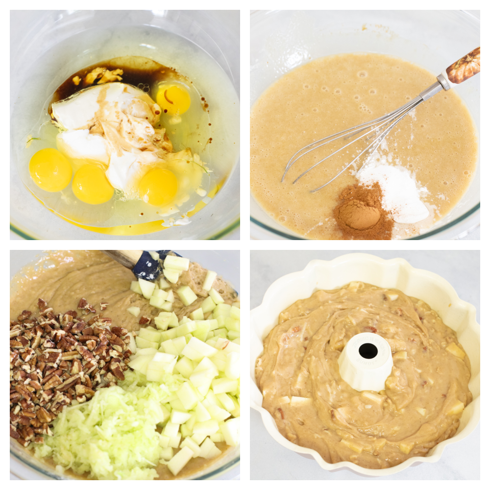 4 pictures of ingredients being mixed into a bowl, step by step. 