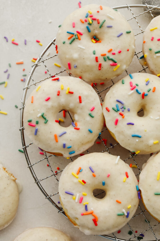 Donuts on a cooling rack.