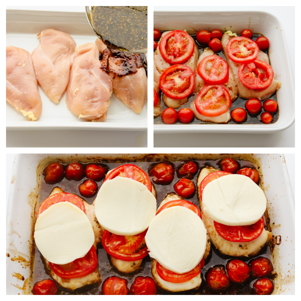 3 images of the process of baking chicken. 