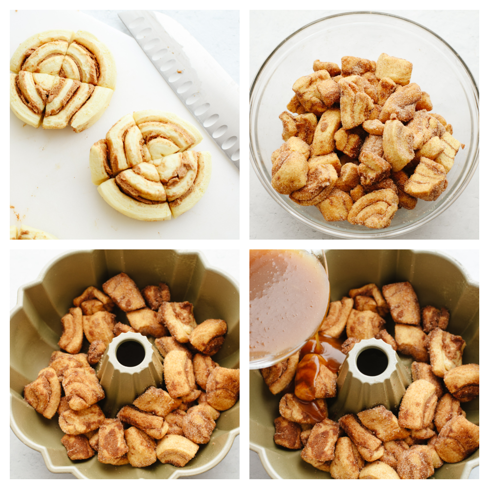 Process shots of preparing rolls and cinnamon sugar glaze.