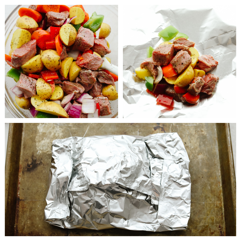 3 photos showing how to combine the meat and vegetables in foil packets. 