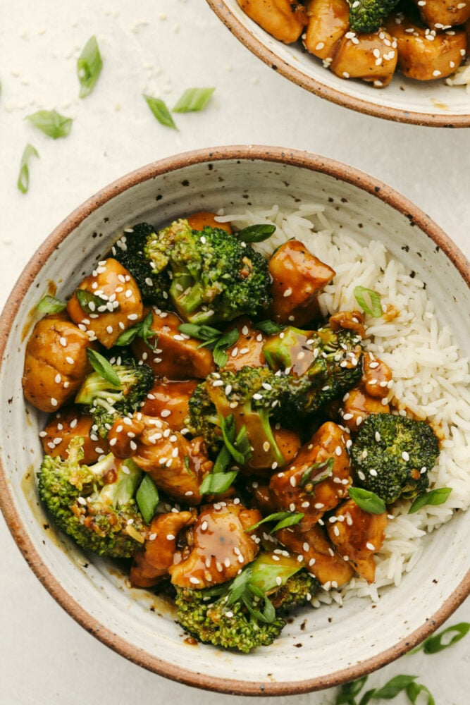 Stir-fried hoisin chicken and broccoli served over rice.