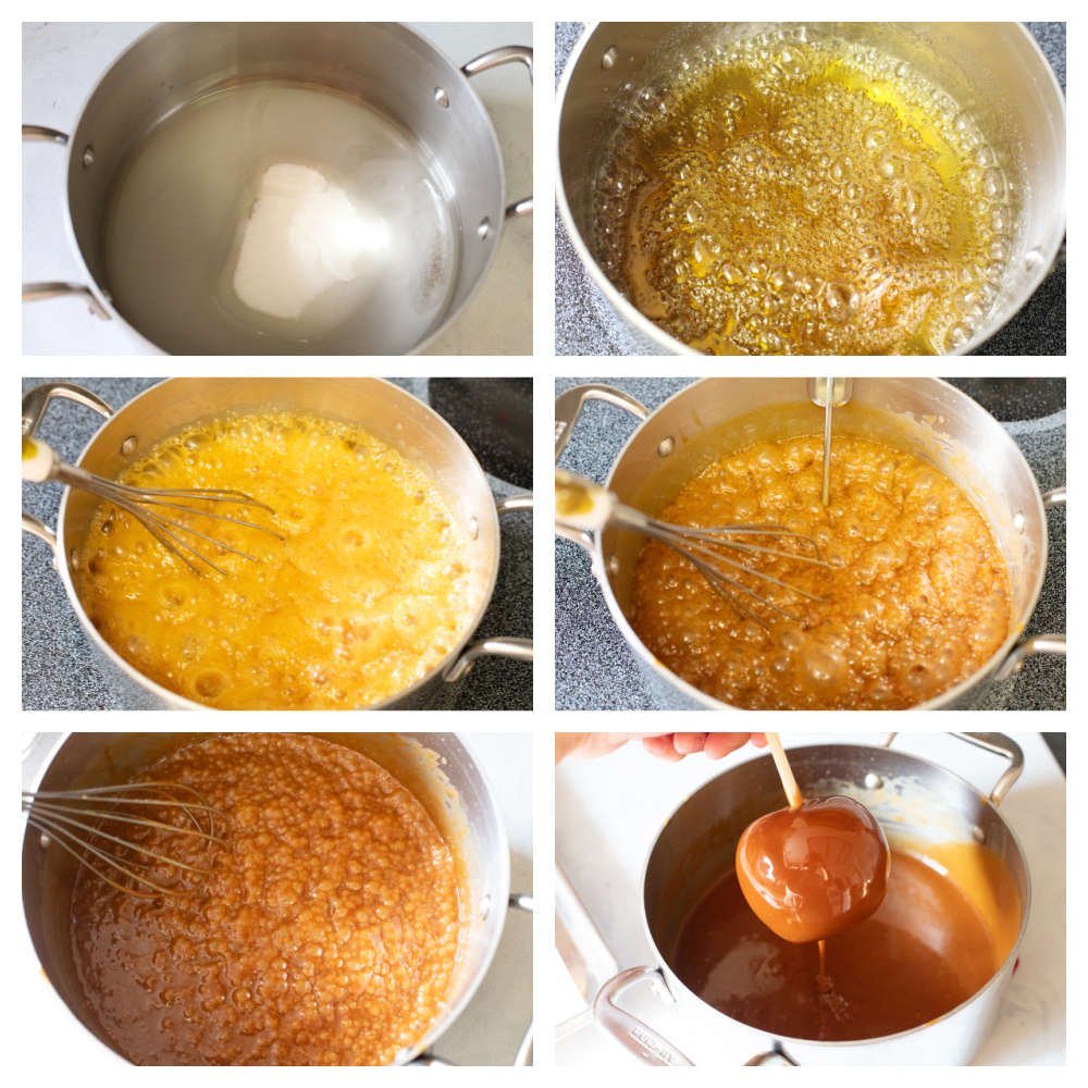 Process shots of making caramel sauce.