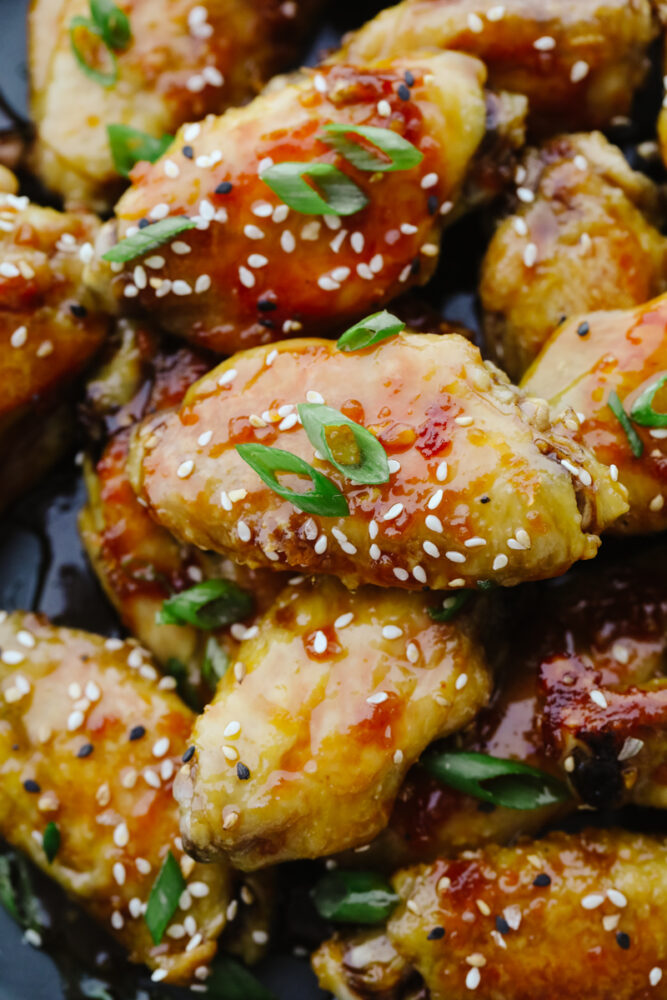 Close up of sticky honey garlic wings.