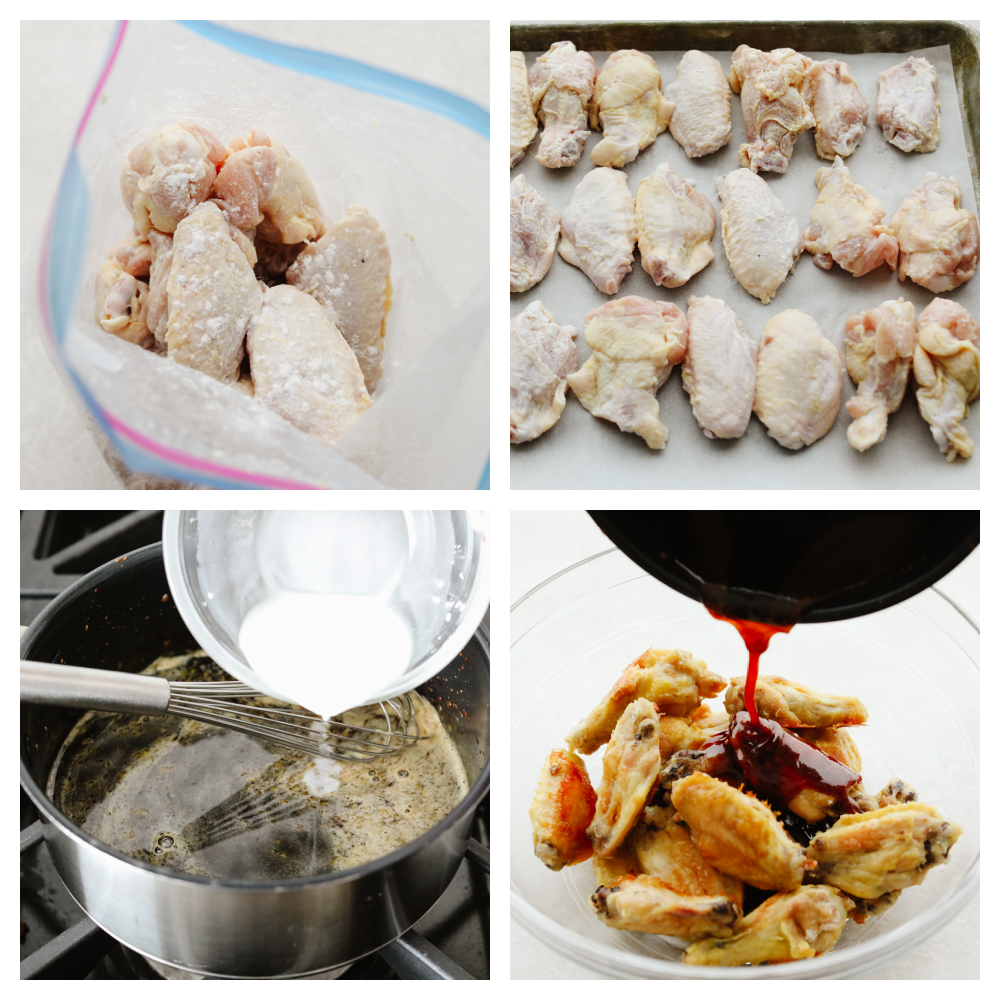 4 pictures that show buffalo wings being coated, cooked and drizzled in sauce.