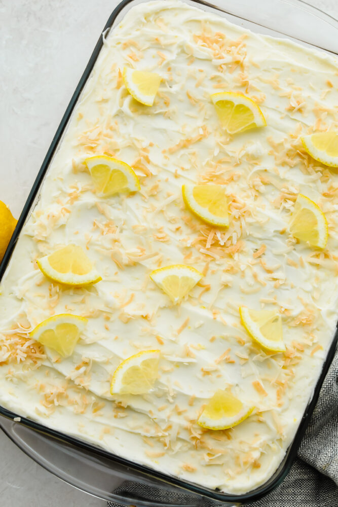 An entire pan of lemon coconut cake. 