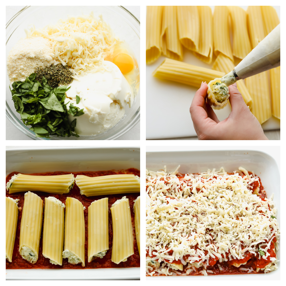 4 pictures showing steps to mixing and stuffing pasta. 