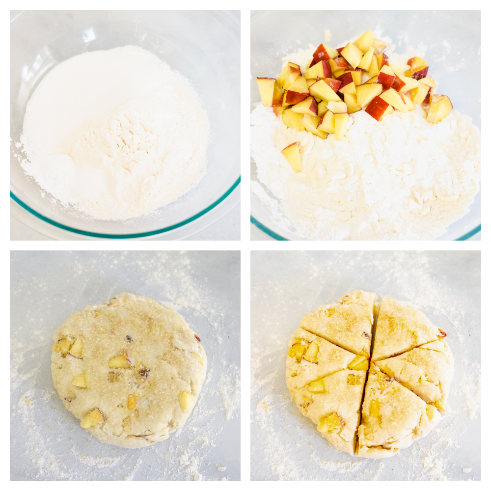 The dry ingredients, adding the peaches and forming  a dough with wedges. 