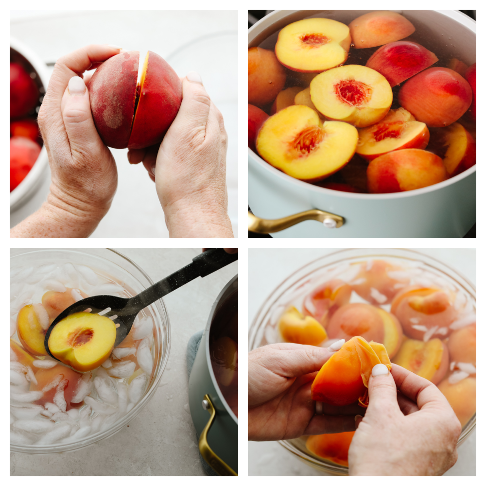 Preparing peaches for canning.