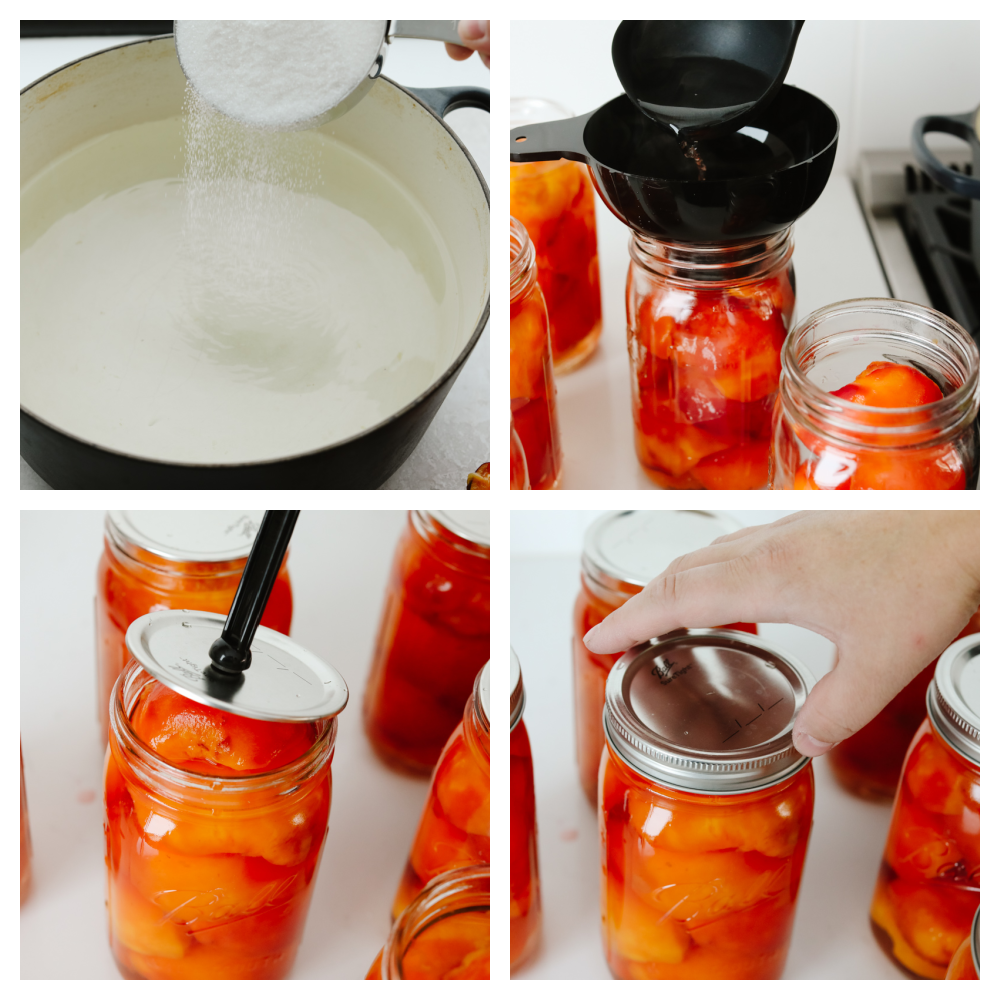 Process shots of preparing syrup and filling jars.