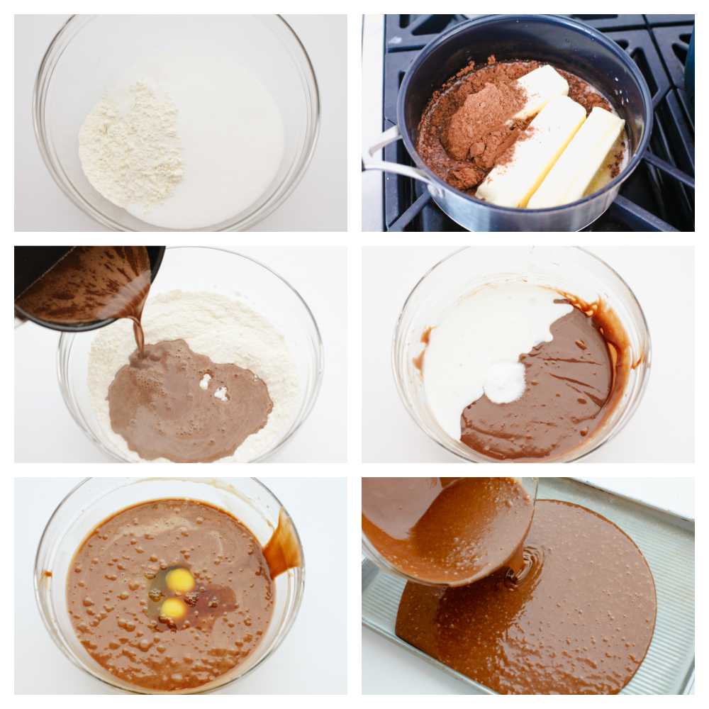 6 images showing the steps to baking a sheet cake. 