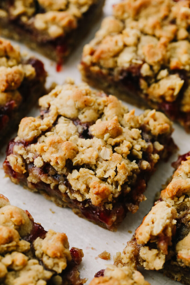 Close-up of a cut peanut butter and jelly bar