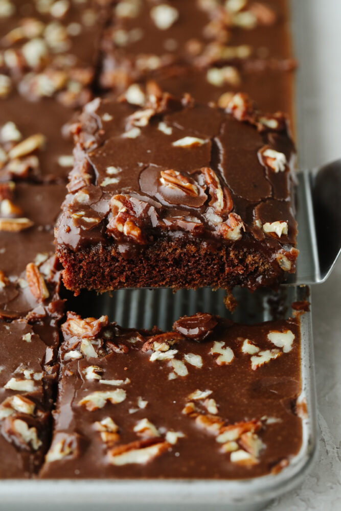 Texas sheet cake being served. 