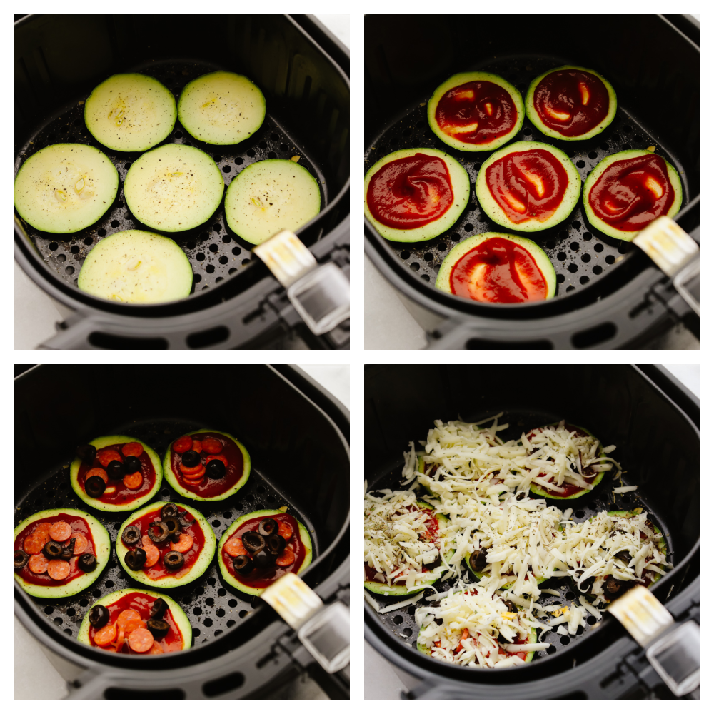 Zucchini slices in the air fryer and being topped with sauce, pepperoni, olives and cheese. 