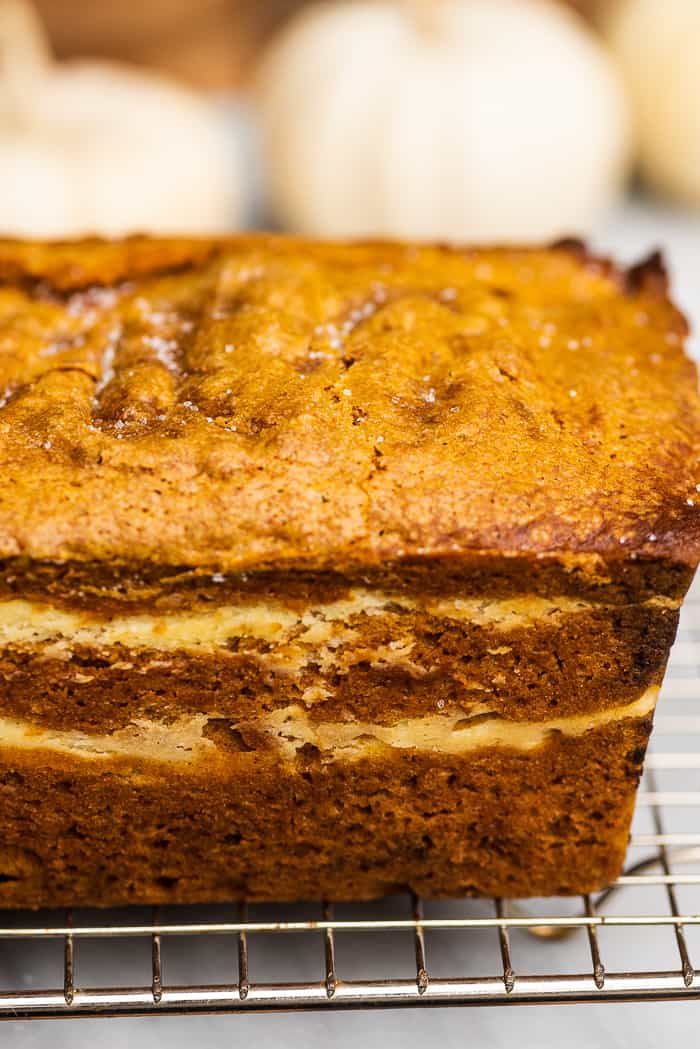 Side view of layers in this cream cheese pumpkin bread.