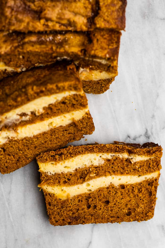 pumpkin cream cheese bread sliced.