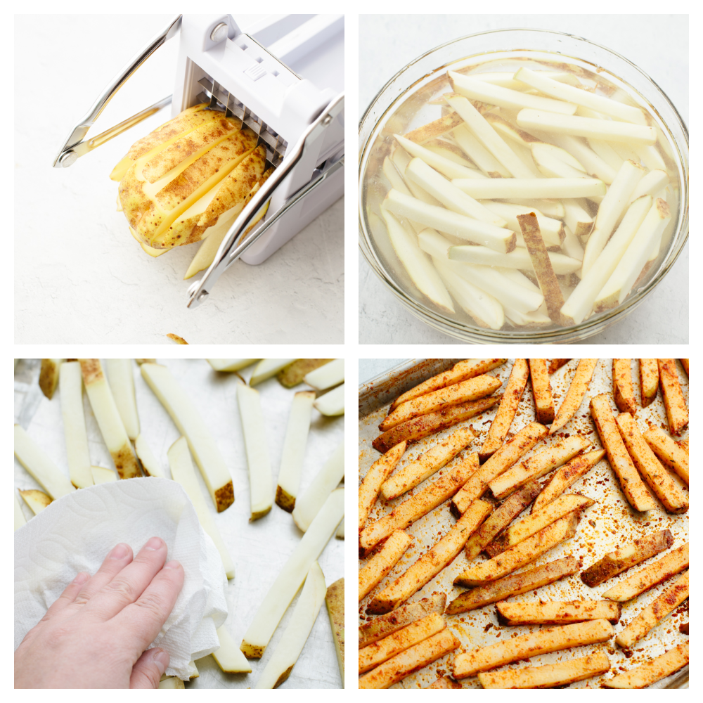 4 pictures showing potatoes being sliced, soaked and seasoned. 