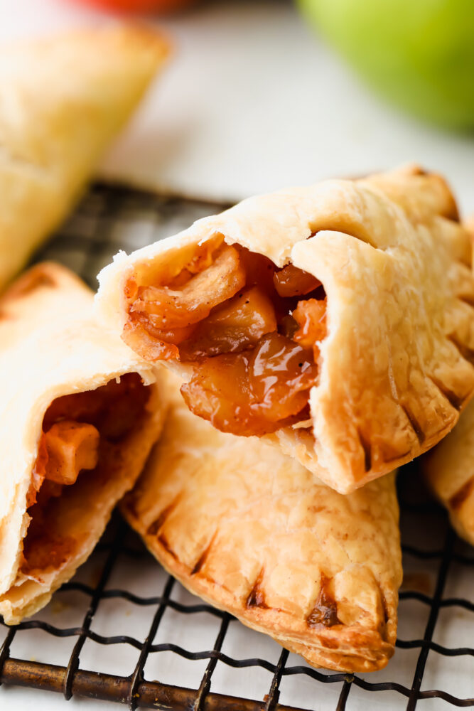 Apple pies cut in half.