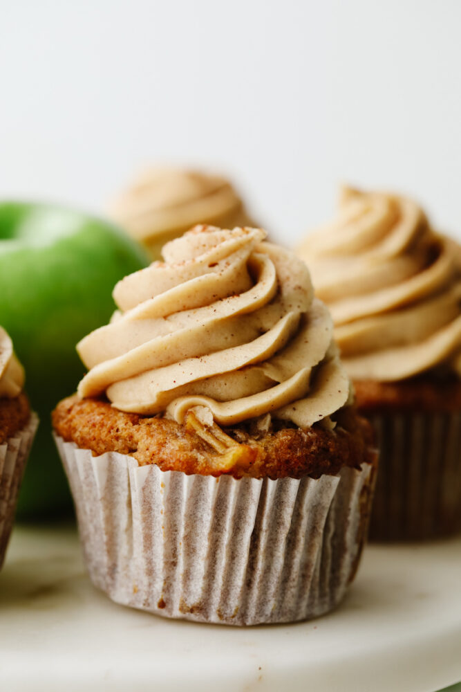 Close up of an apple pie cupcake. 