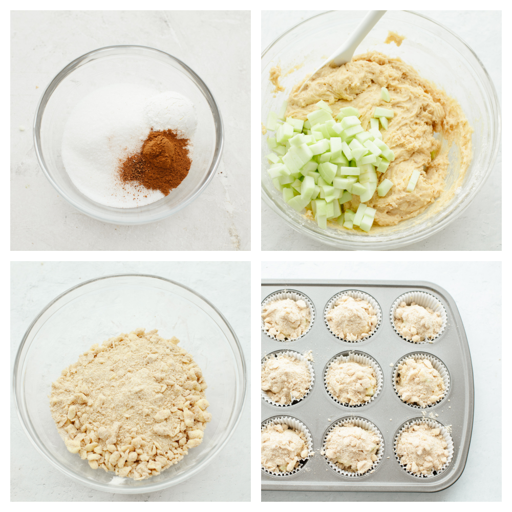 Process shots of preparing muffin batter.