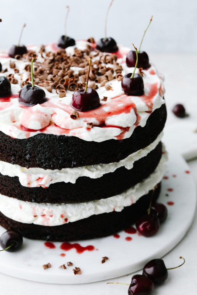 Black forest cake on a platter. 