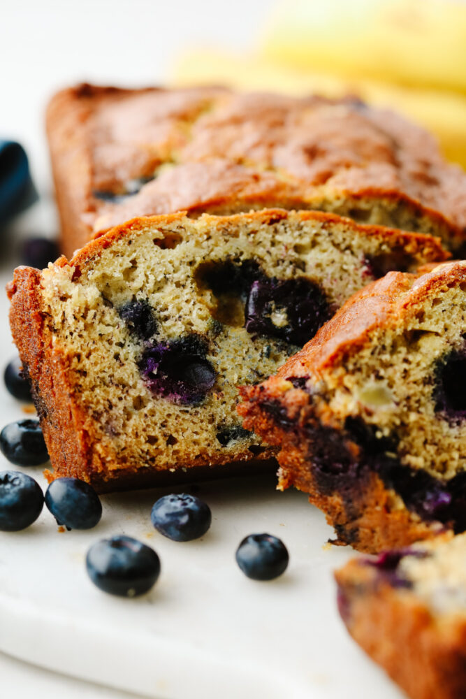 Closeup of blueberry banana bread slices.