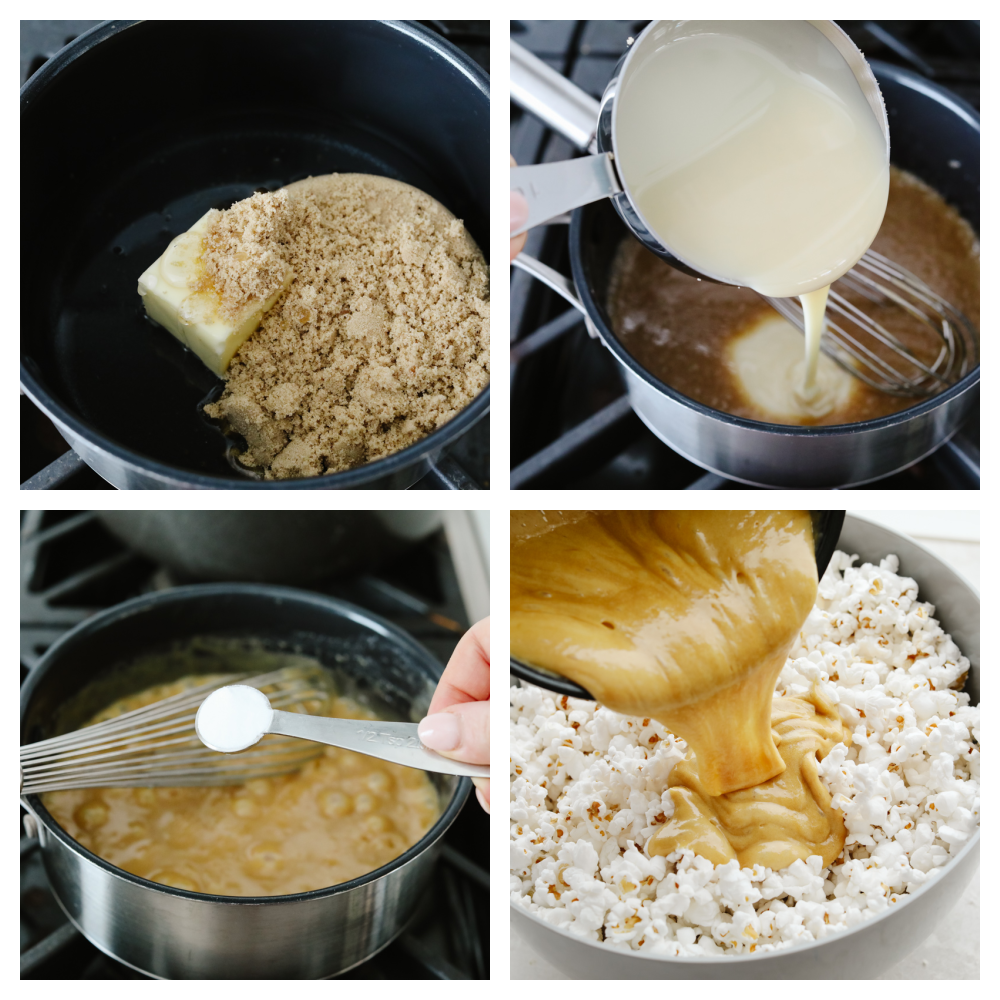 4 pictures showing how to make caramel popcorn step by step. 