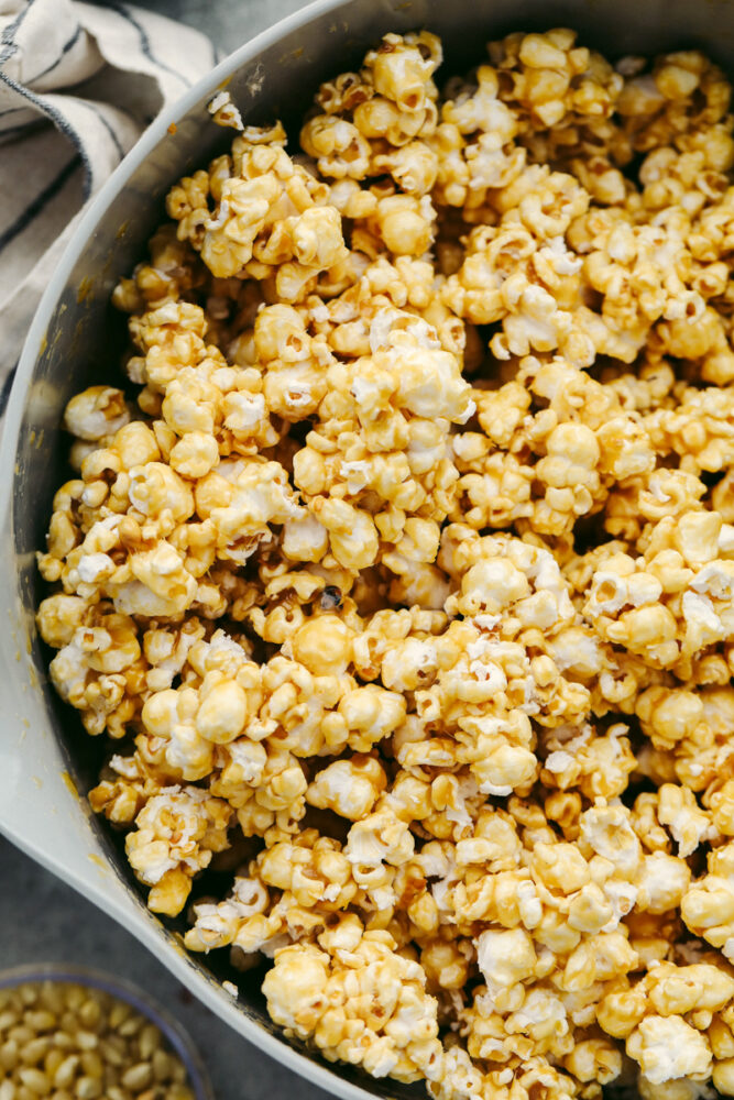 Caramel popcorn in a pan. 