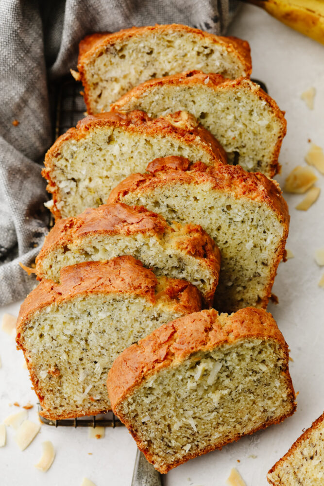 Sliced coconut banana bread. 