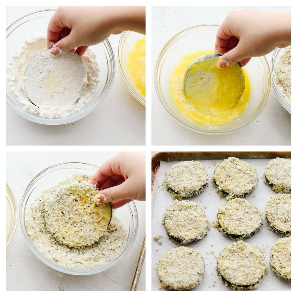 4 pictures showing how to properly coat eggplant. 