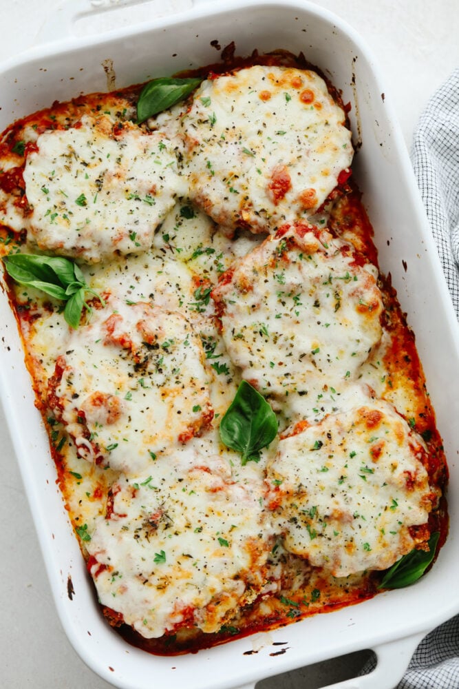 Eggplant parmesan in a baking dish. 