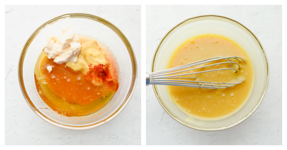 2 pictures showing ingredients being whisked in a bowl. 