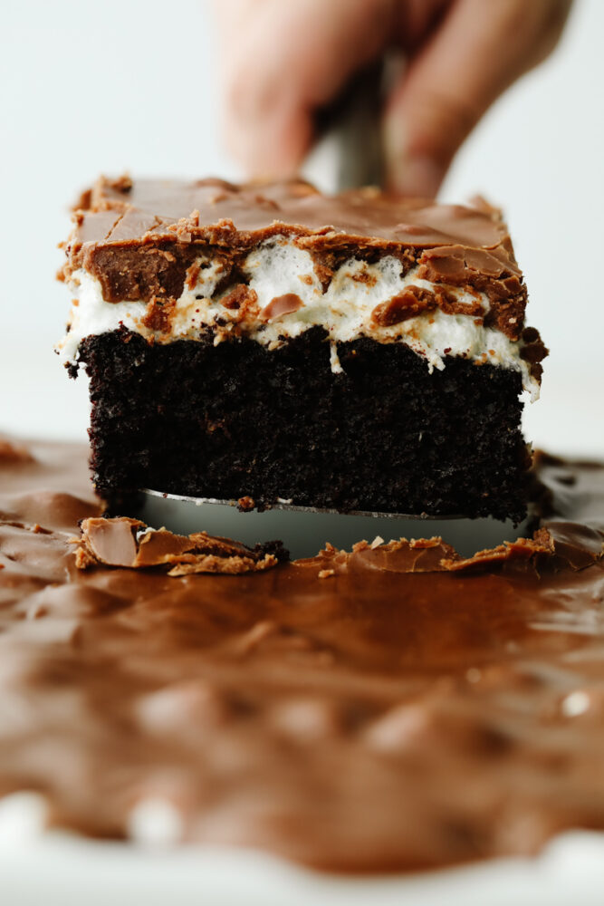 Mississippi mud cake on a serving spoon. 