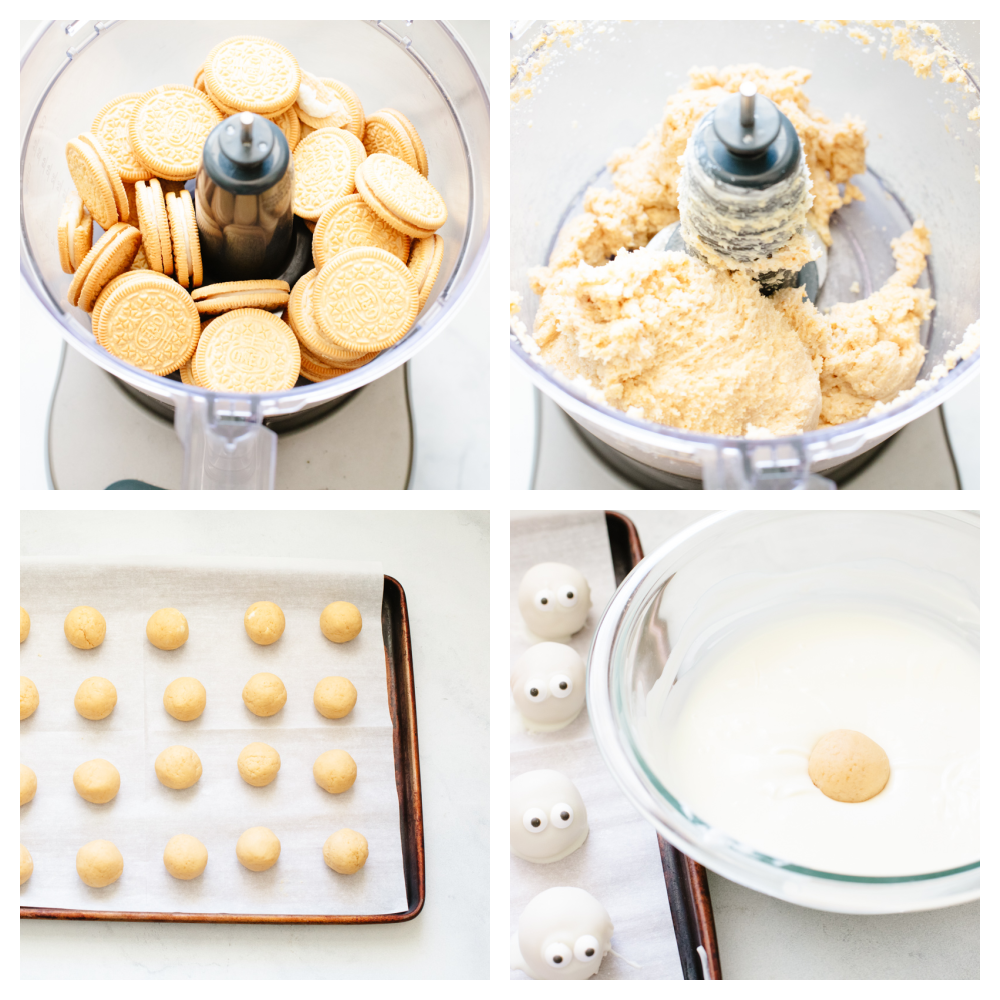 4 step by step pictures showing how to mix up the oreo truffles and dip them. 