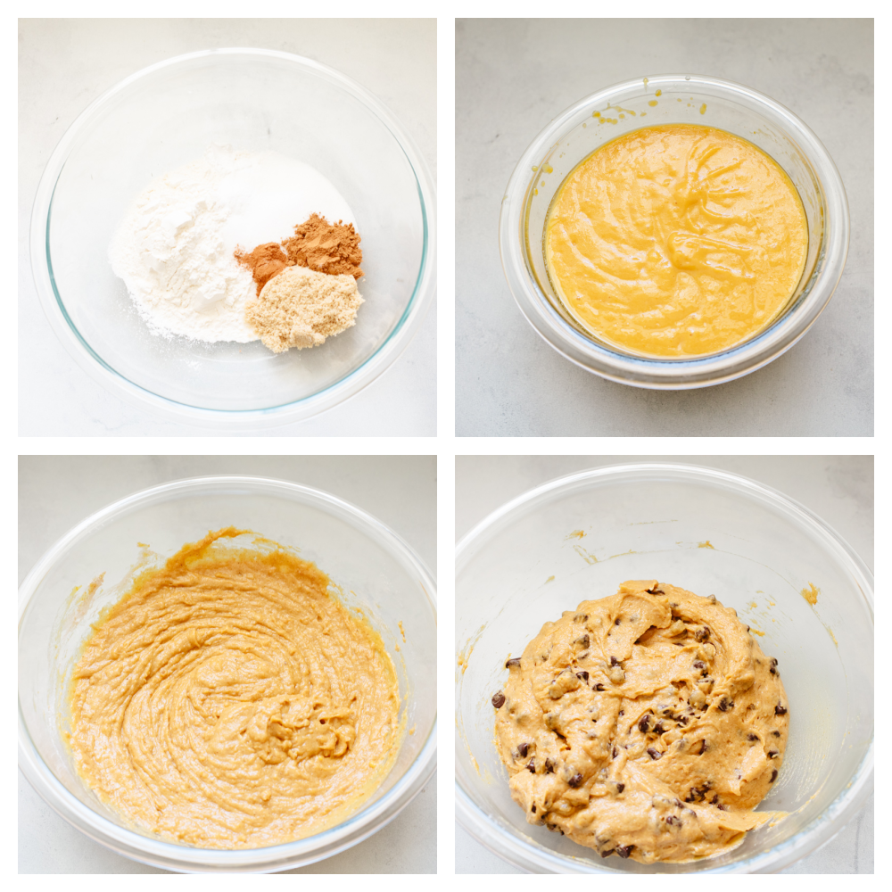 The process shots of how to make pumpkin chocolate chip muffins. 