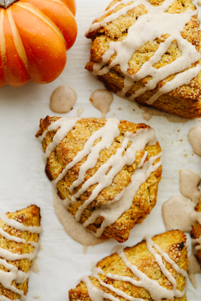 The top view of a pumpkin scone. 